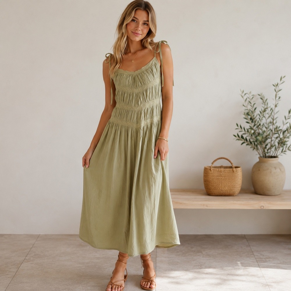 Storia Boho Green Crochet Lace Chevron Tie Strap Pleated Midi Dress Sleeveless S